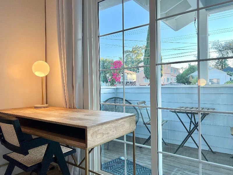 work desk, lamp and chair