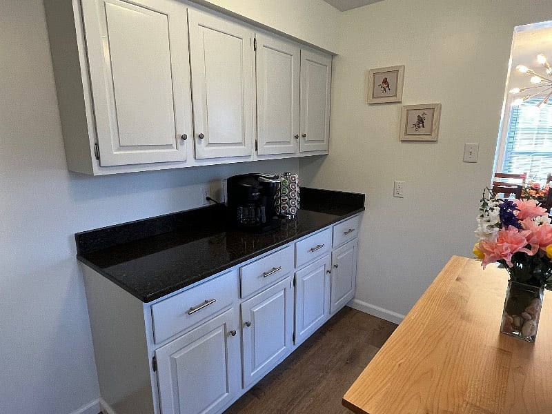 Kitchen includes Keurig Duo, toaster, and most essentials.