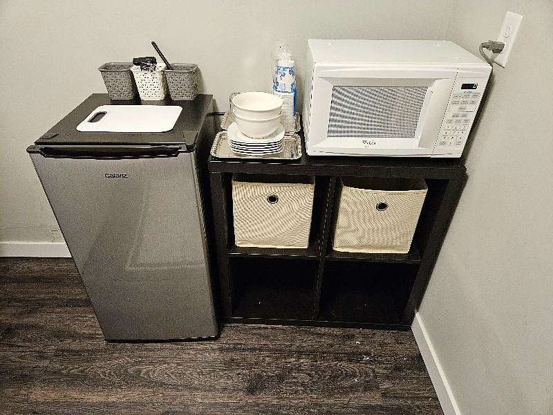 Refrigerator and microwave.