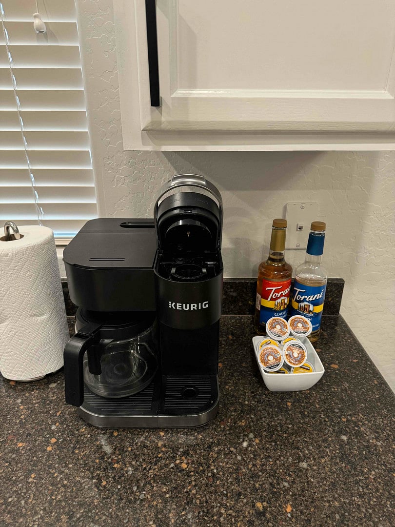 Starter coffee beans, grinder, Kpods, syrup, stevia, French Press, milk frother, tea.