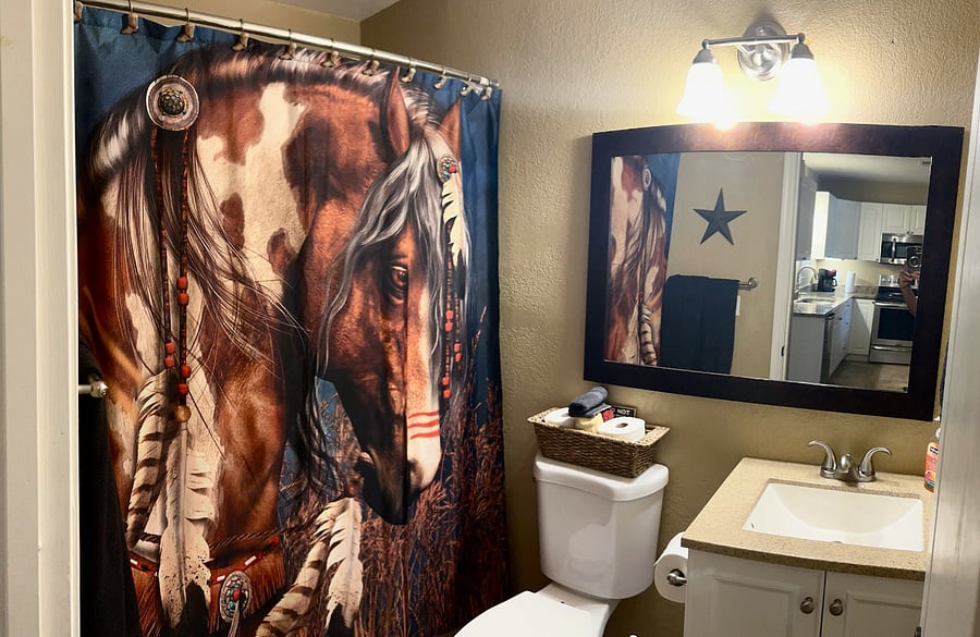 Casita full bathroom off of kitchen area, shared by Casita guests in bedrooms #1 & 2. 