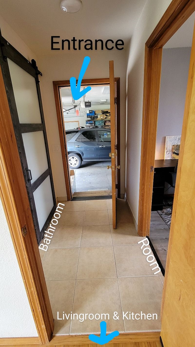 Enter from the garage entrance into your hallway, room to the left, bathroom to the right, and straight ahead is your living room, and past that is the shared kitchen!