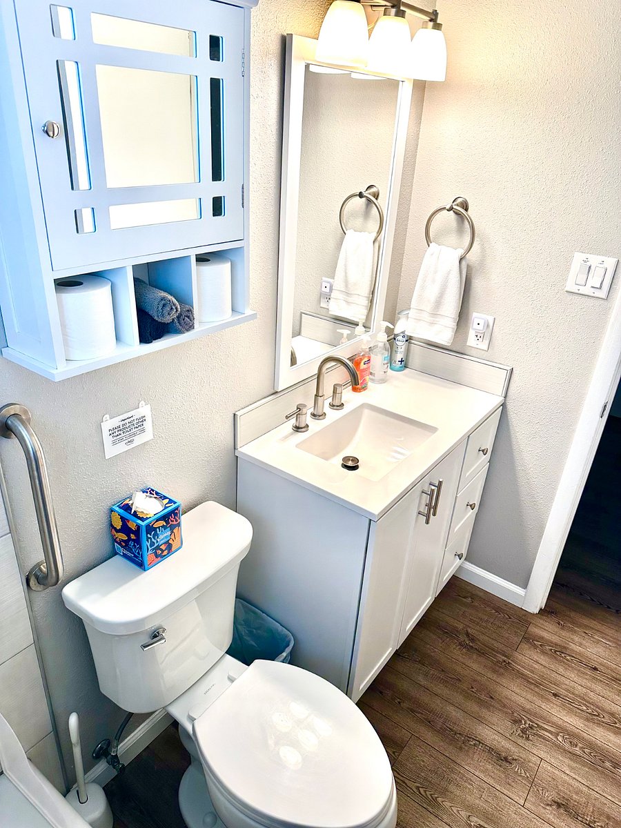 Guest bathroom. Includes hair dryer, toilet paper, and towels
