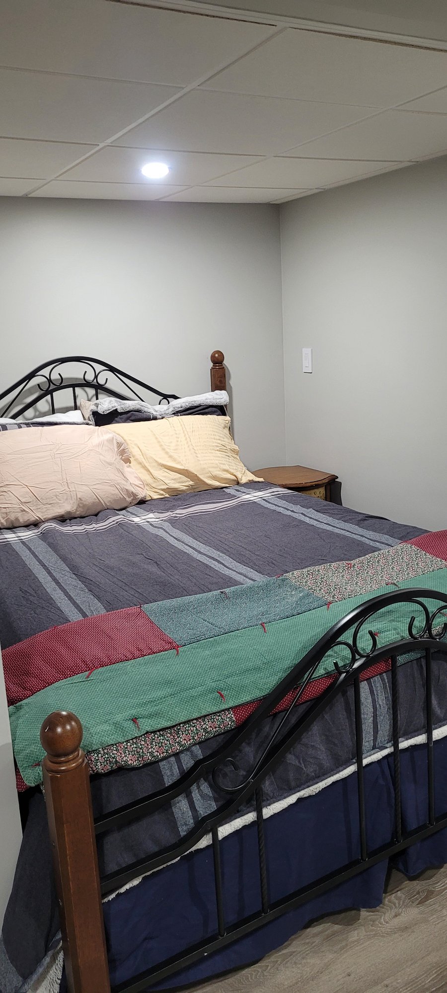 Queen-sized bed,  with dual mattress heating. 