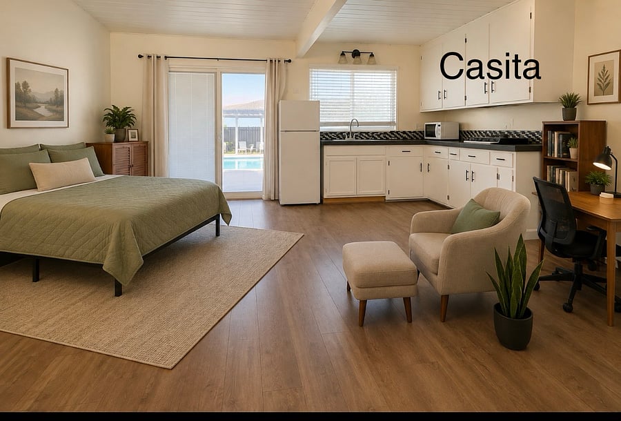 Casita - Queen size bed, fully furnished, chair, ottoman, desk, shelfing, and fully equipped kitchenette.