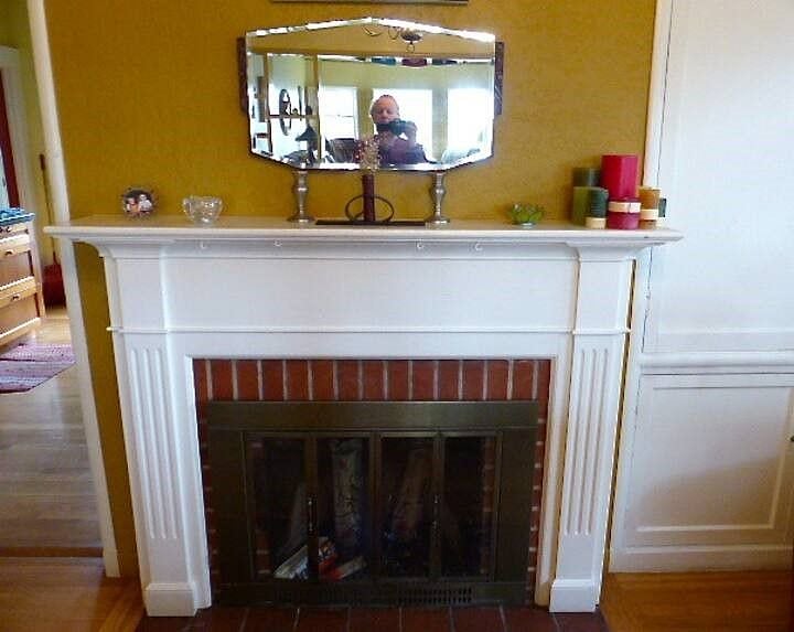 Fireplace in dining room.