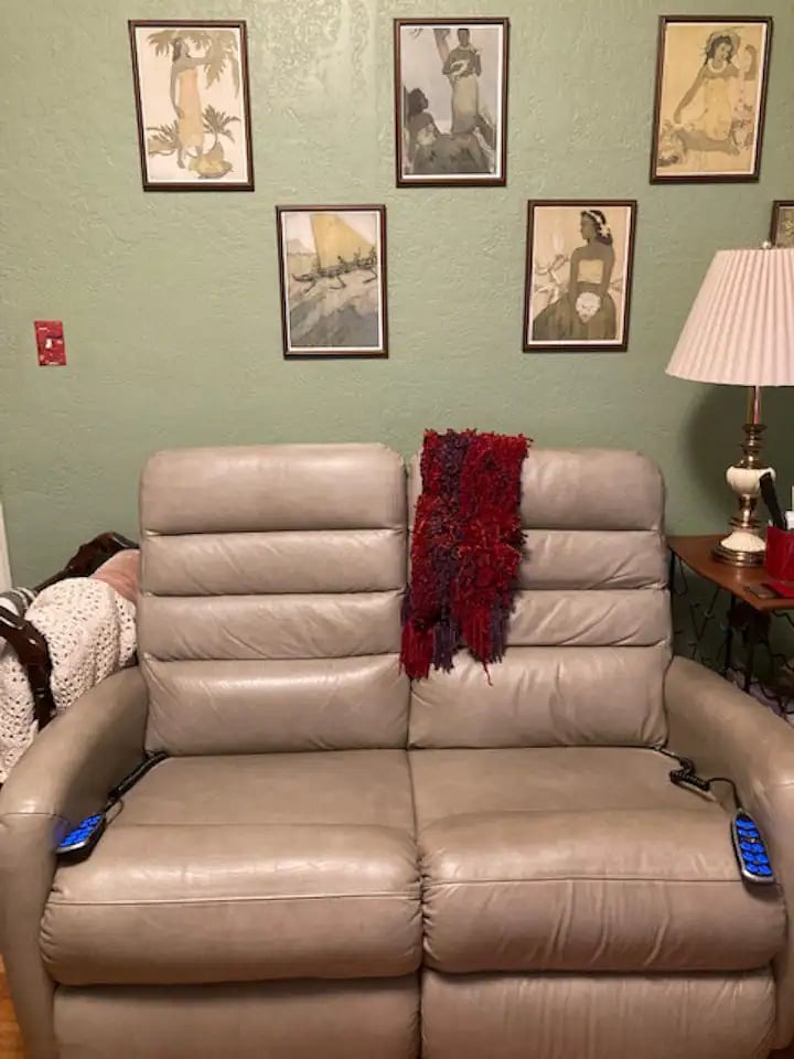 Family room lazyboy dual lounger with independently adjustable recliner, head rest, foot rest, and lumbar support.
