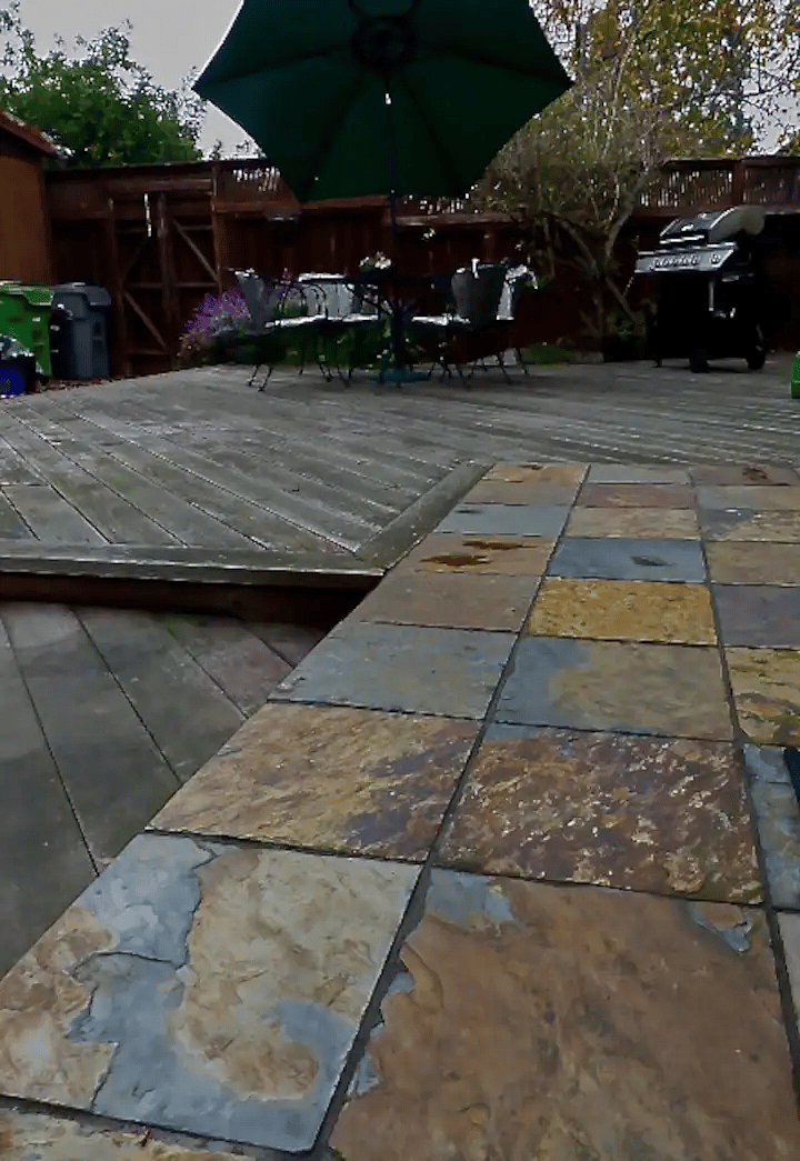 Deck African tiling matches kitchen backsplash and pantry.