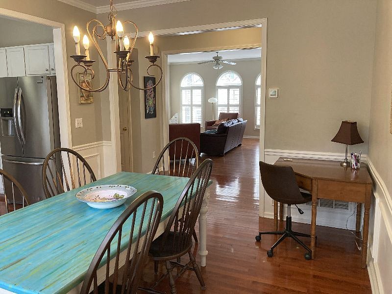 Dining room overlooking living room.  