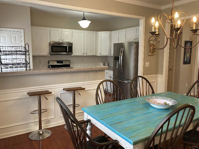 Dining room overlooking kitchen.