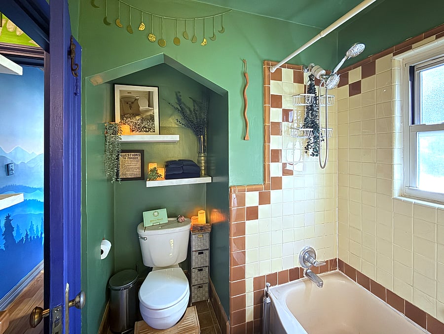 Bathroom view from sink. The shower head has a device that filters out 99% of the chlorine from the water.