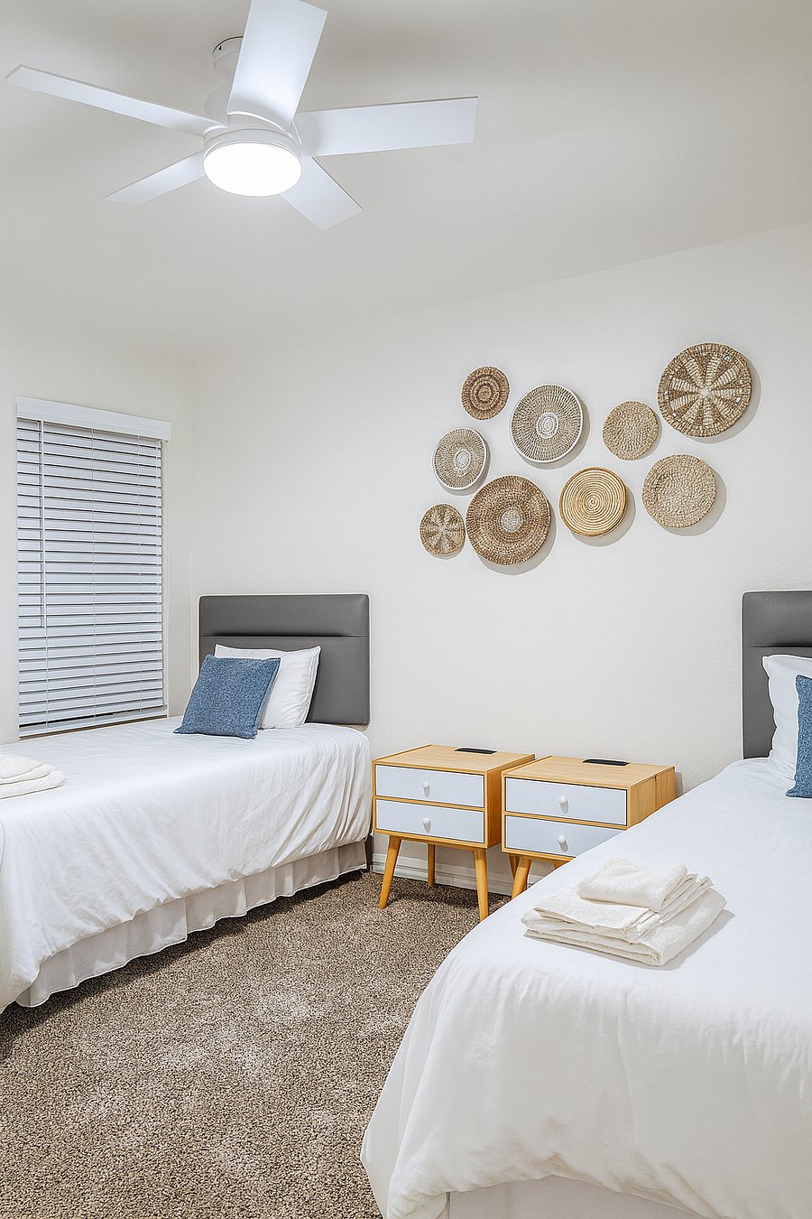 This bedroom is perfect for friends or family with two twin XL beds with memory foam mattresses. Personalize your comfort with a ceiling fan remote and dimmable light. Your devices will stay charged with built-in nightstand outlets.