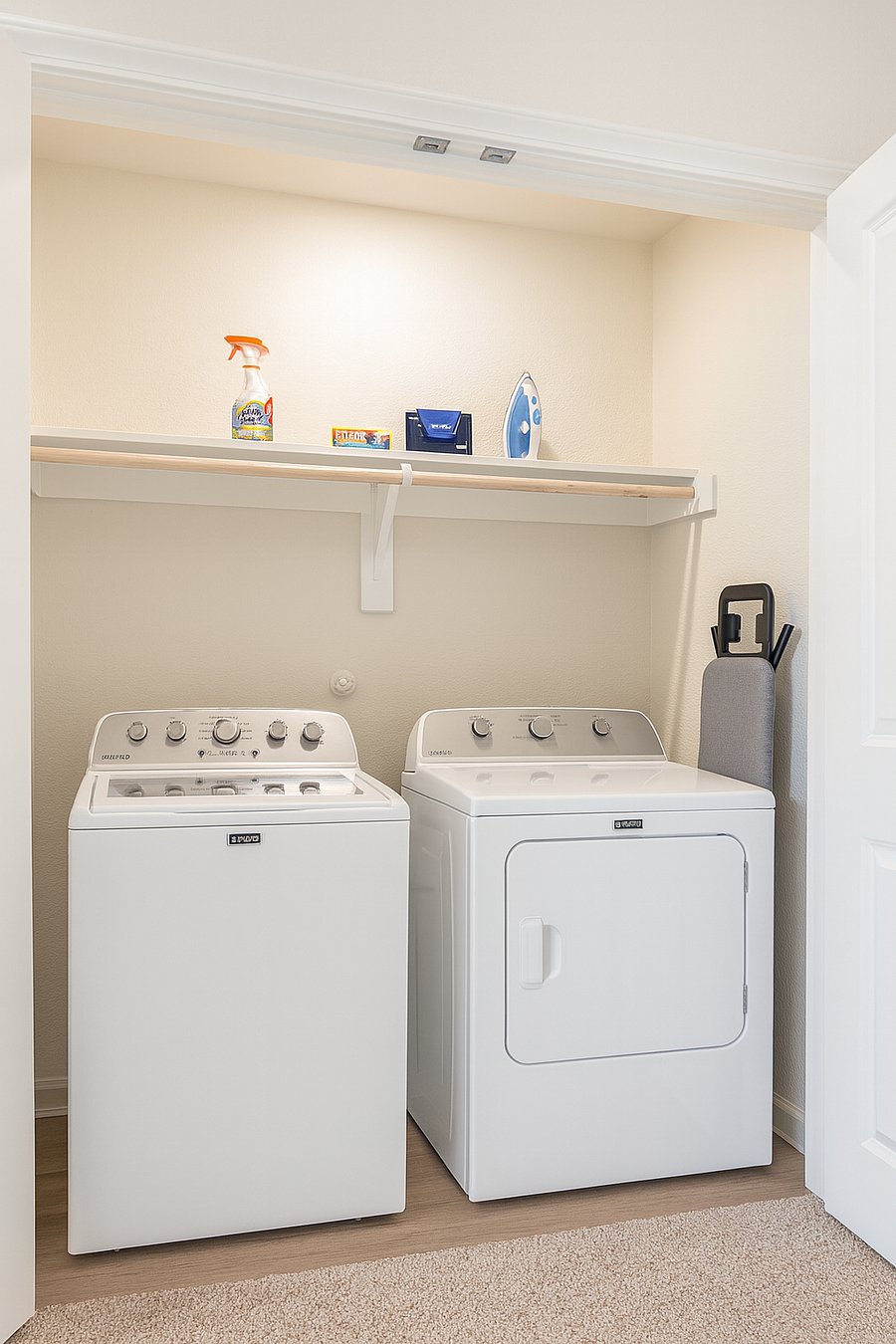 A dedicated laundry area featuring General Electric washer and dryer.
We provide everything you need for a quick load, including detergent, dryer sheets, Shout stain remover, an iron, and an ironing board.