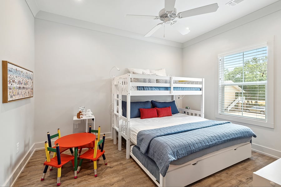 Convertible area for any need. King converts to regular bottom bunk. Closet large with dresser.