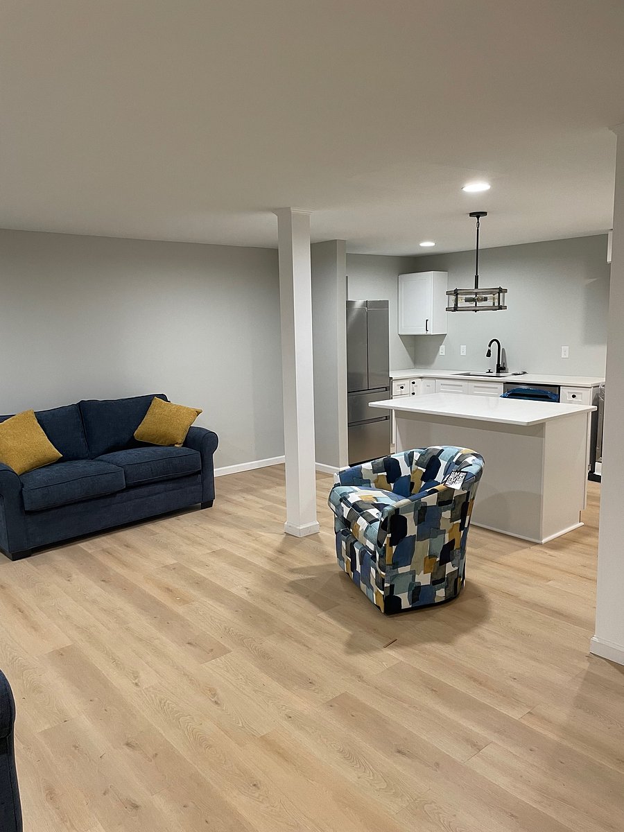 Spacious living area with kitchen island
