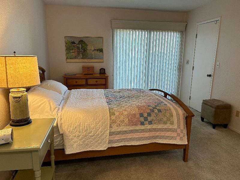 Master bedroom with full bed and walk in closet, access to patio