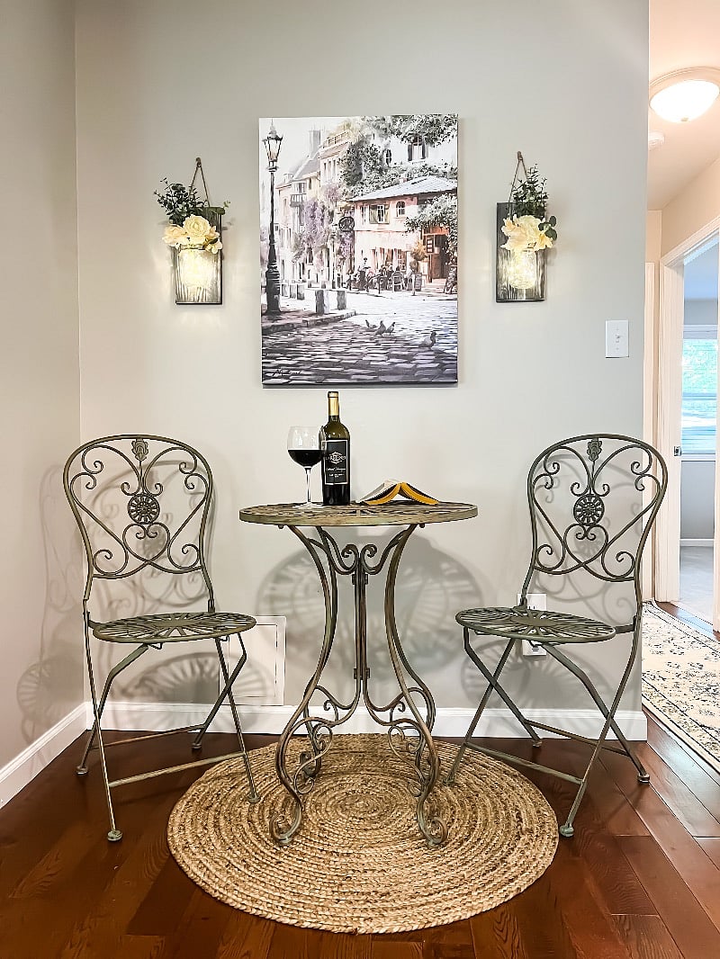 Enjoy a cup of coffee or glass of wine at your European inspired bistro table