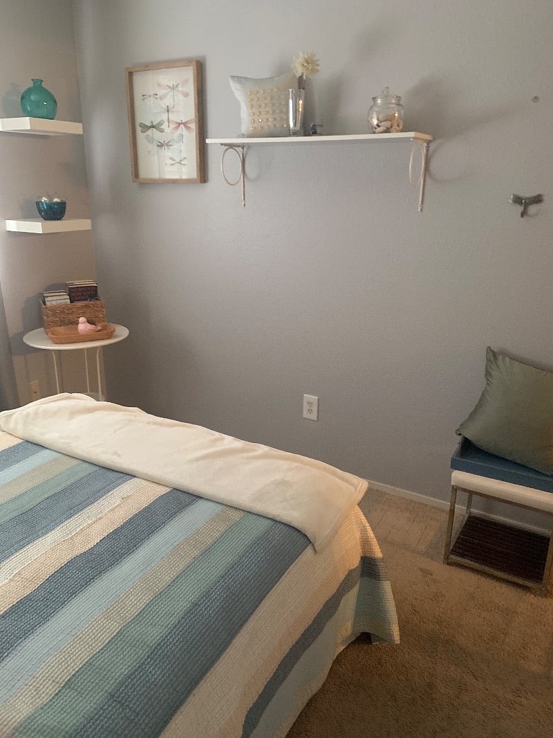 Gray Room, shelves and table