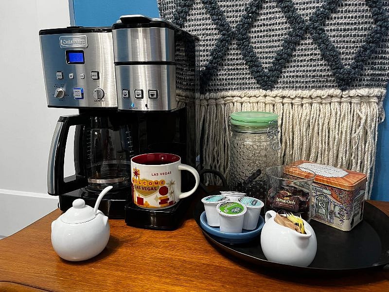 coffee bar with storage for pantry items under cabinet 