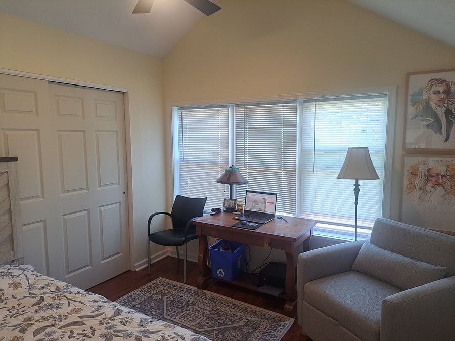 2nd bedroom with twin bed, desk and lounge chair