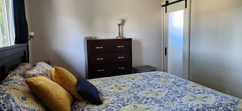 Primary bedroom, barn-door to bathroom
