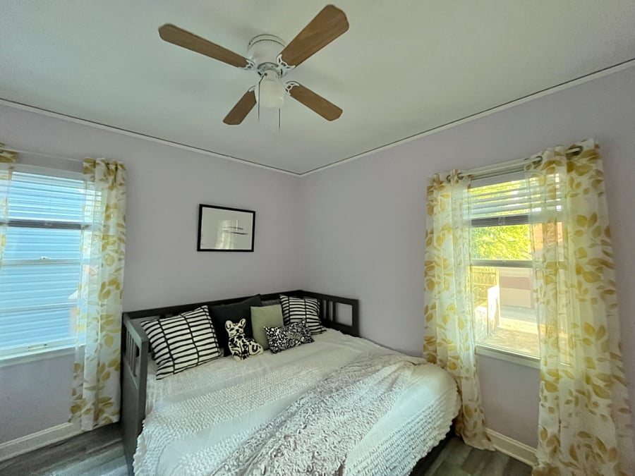 This shows the second bedroom set up with the king size bed.