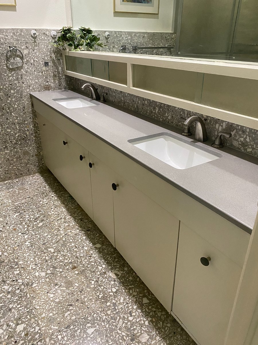 New countertop and faucets added to bathroom.