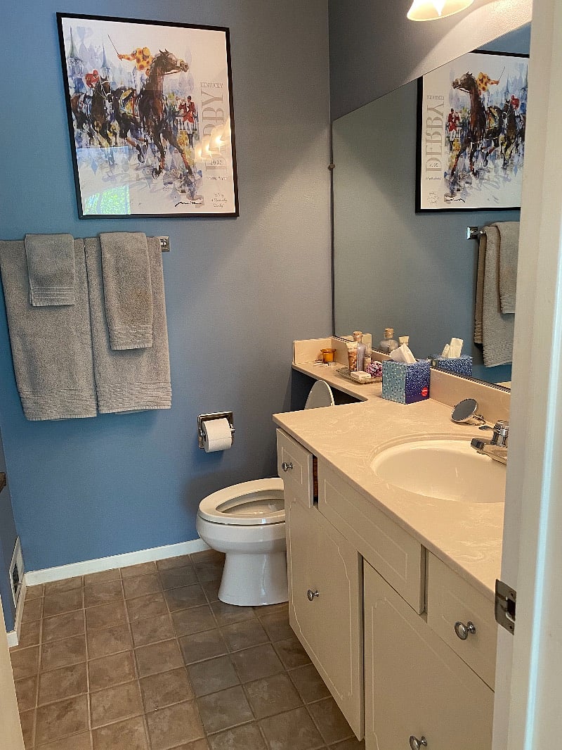 In suite bathroom. Hair dryer. Toilet paper, tissues, bar soap and starter shampoo, conditioner and body wash