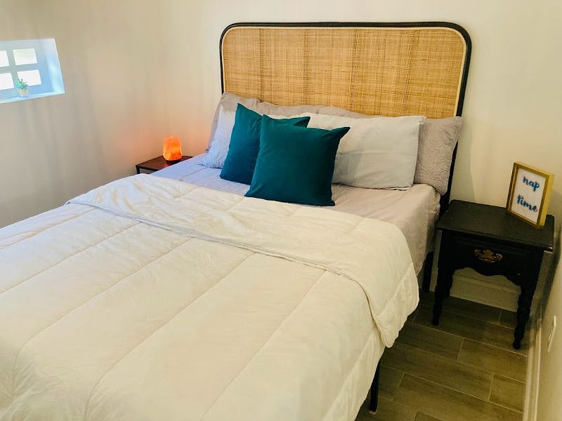 Brand new QUEEN-sized medium firmness memory foam mattress for best rest, blackout panels for windows, sizeable closet with shelf, hangers and drawers