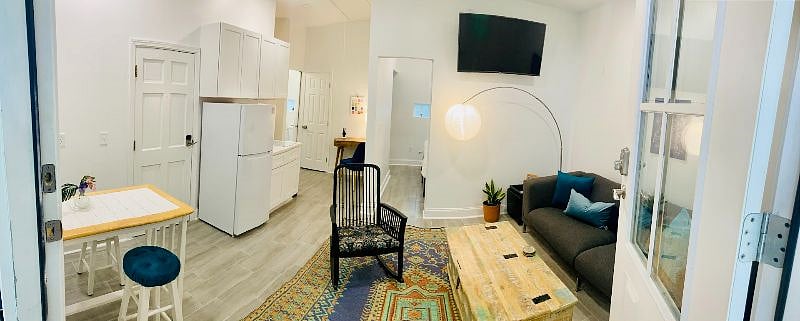 View from front entrance. What it lacks in square feet, the apartment compensates for in ceiling height creating a spaciousness throughout the one bedroom, one bathroom.