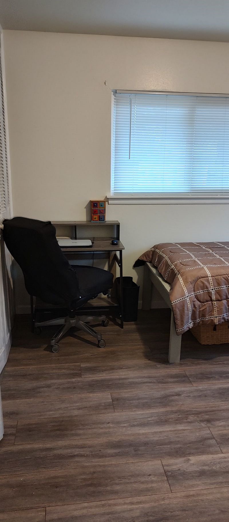 Bedroom 3 has a twin bed and a small work area with a printer.