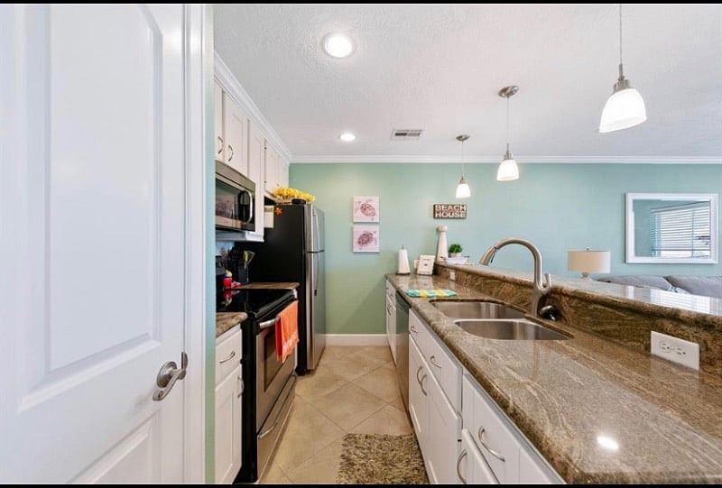 kitchen area with countertop seating