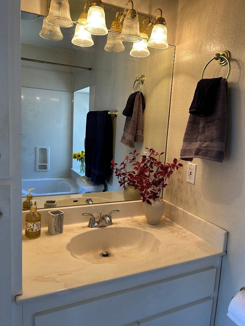 Bathroom counter top with two large oversized storage cabinets 