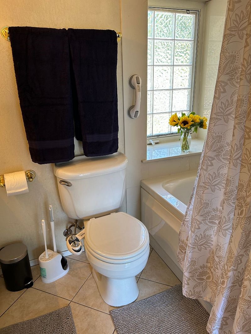 Toilet with bidet attachment and full sized shower tub with jets. 