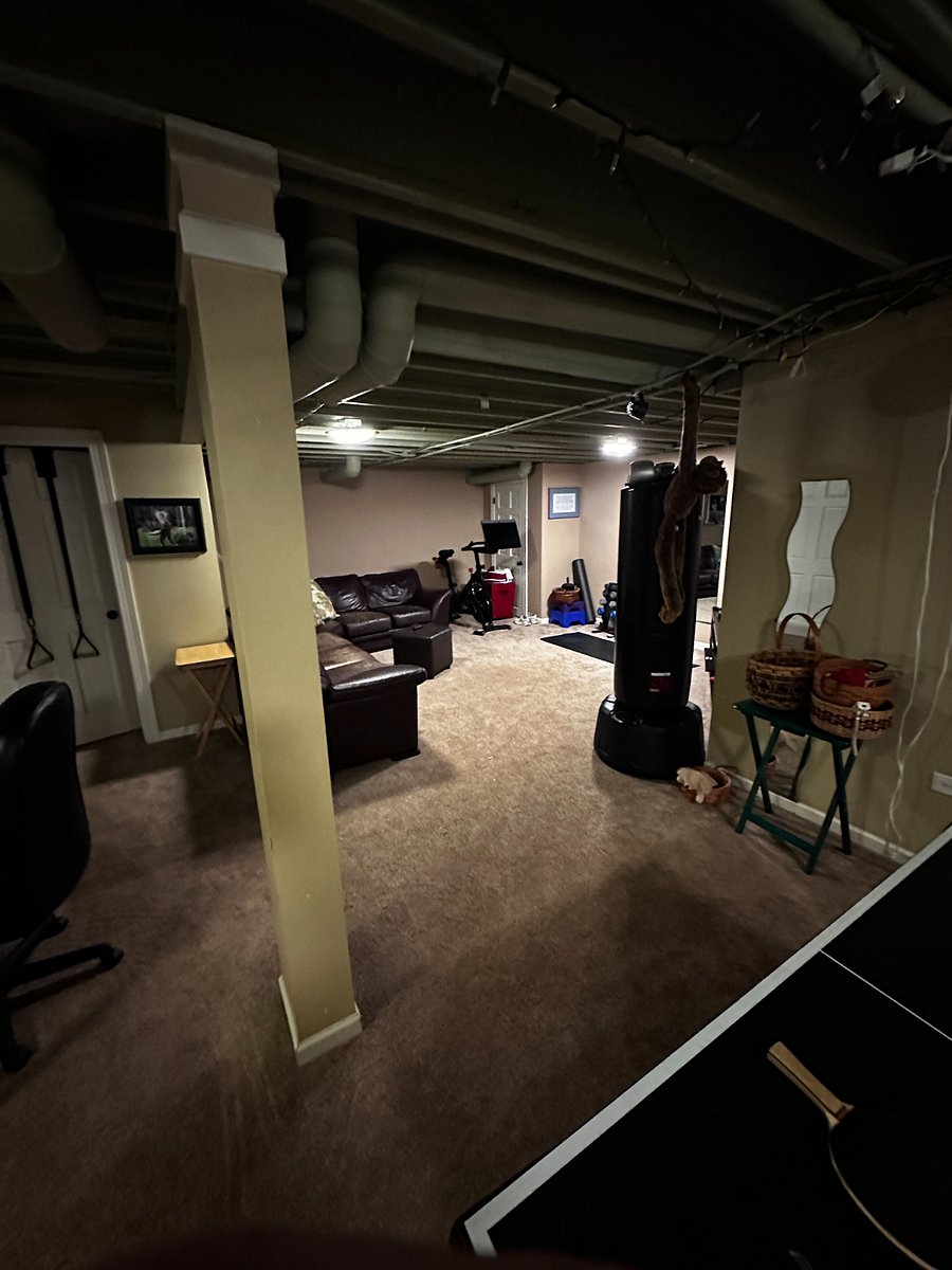 Living area with workout equipment in basement