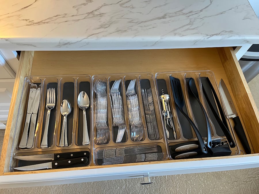 Silver and plastic eating and cooking utensiles, can opener, steak knives and cutting knife