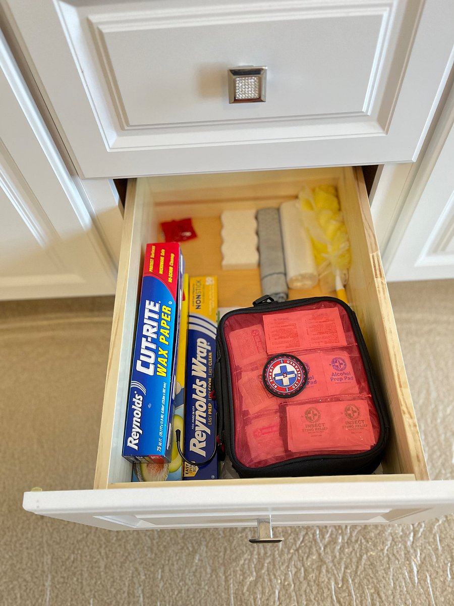 wax paper, plastic wrap, foil, sandwich bags, extra garbage bags, duster, and emergency medical kit