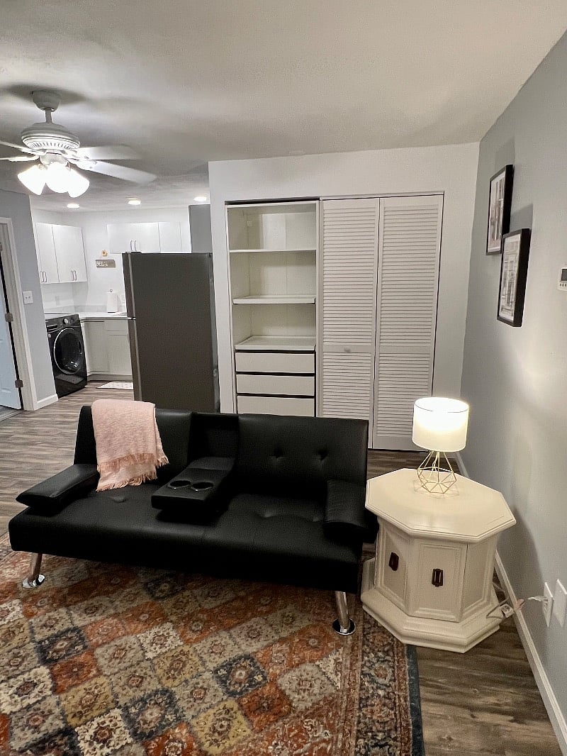 There is now a more cozy tan couch, but don't want to disturb the renter who is packing up to take a photo yet.
