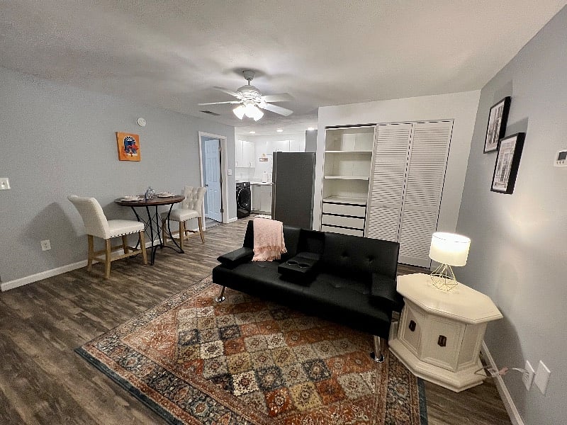 There is now a more cozy tan couch, but don't want to disturb the renter who is packing up to take a photo yet.