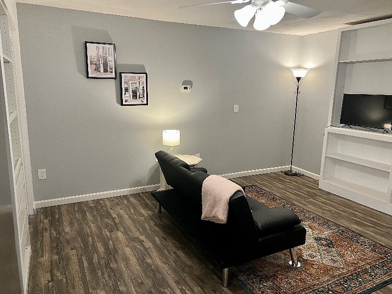 There is now a more cozy tan couch, but don't want to disturb the renter who is packing up to take a photo yet.