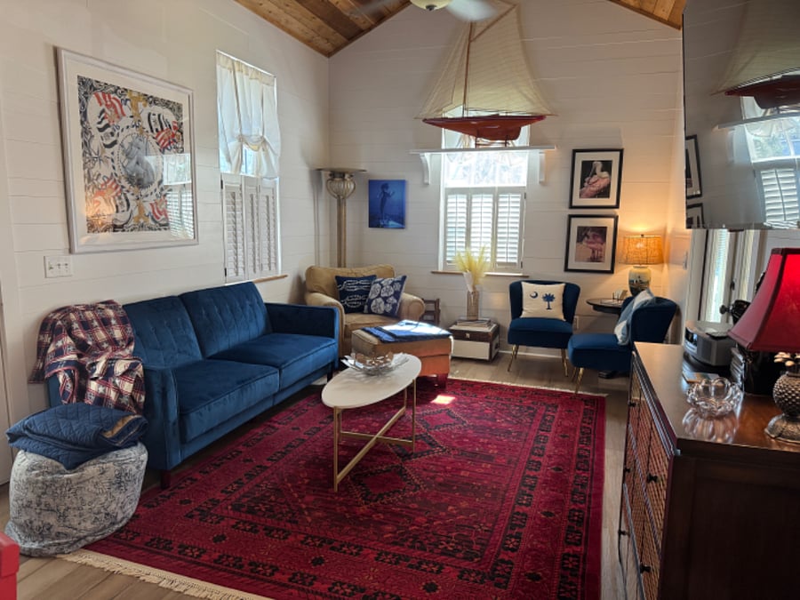 Living room with French doors to porch