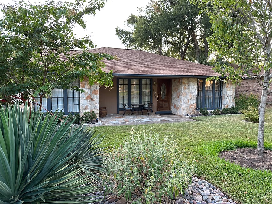 Manicured landscape is professionally maintained