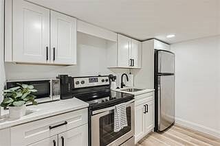 The kitchenette is equipped with all the essentials you need to whip up a quick meal or prepare your morning coffee. We offer a starter coffee set, we have silverware and well as cooking utensils. With just a 5 min drive to target for grocery run.