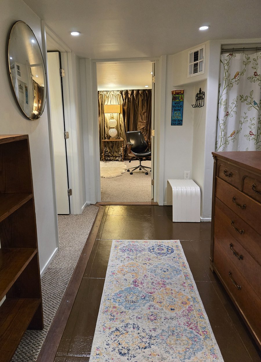 Front Hall Leading to Flex Room, Bedroom, Bathroom and Hallway to Kitchen/Den, Backyard