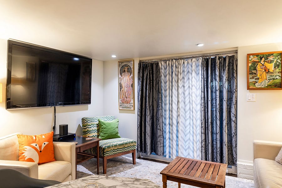 Comfy Den with 60" Smart TV with ROKU and SONOS speaker with Spotify