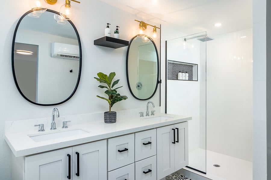 Master Bathroom 1: Rainfall shower and extra large freestanding bathtub.