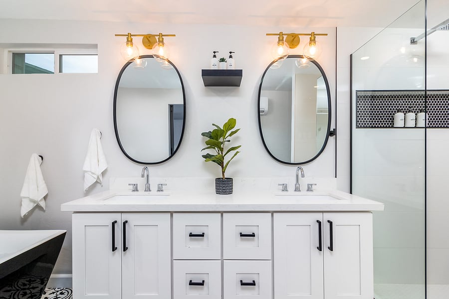 Master Bathroom 1: Rainfall shower and extra large freestanding bathtub.