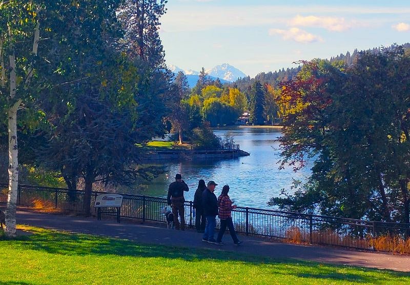 Mirror Pond, Drake Park and the view of the Cascades Mountain Range.