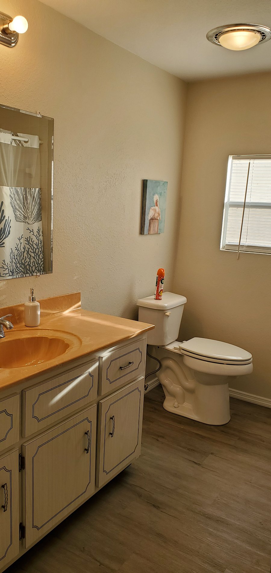 Full bathroom in hallway. Window for natural light or ventilation.