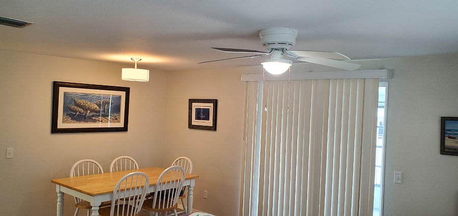 Ceiling fan with light, in addition to lighting over dining table
(and a 2nd ceiling fan with light on other end of living room)